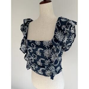 Large Blue Boho Peasant Top Ruffle Cropped Pookie & Sebastian 100% Cotton